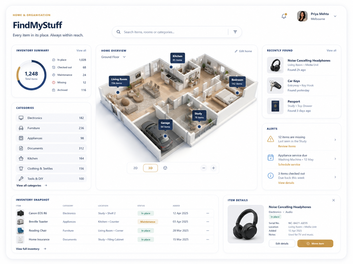 FindMyStuff dashboard